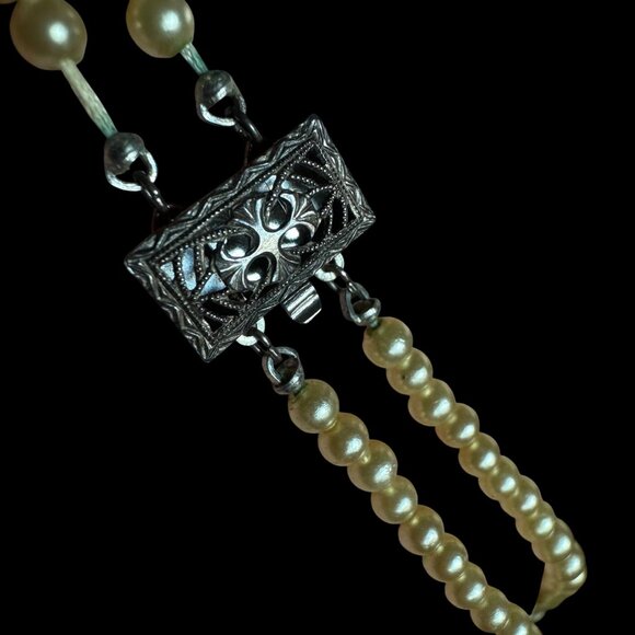 Vtg Sterling 925 Box Clasp Faux Cream Pearl Double-Strand 14" Art Deco Necklace - Picture 6 of 16